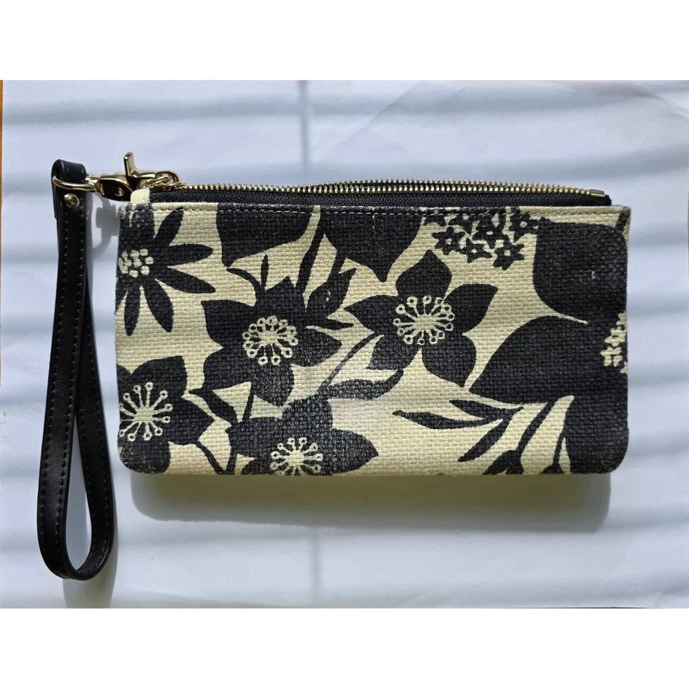 Spartina 449 Floral Wristlet Wallet Black Cream Linen Leather Turquoise Interior